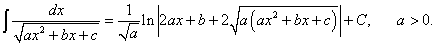 табличный интеграл от квадратичной функции под знаком корня в знаменателе, случай a > 0