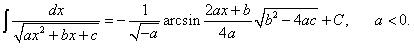табличный интеграл от квадратичной функции под знаком корня в знаменателе, случай a < 0