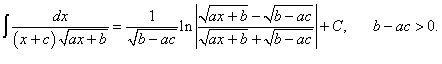 интеграл от иррациональной функции вида 1/[(x+c)sqrt(ax + b)], случай b - ac > 0