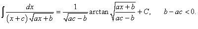 интеграл от иррациональной функции вида 1/[(x+c)sqrt(ax + b)], случай b - ac < 0