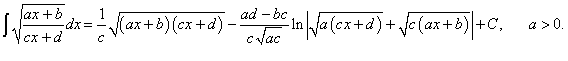 интеграл от дробно-линейной функции под знаком квадратного корня, случай a > 0
