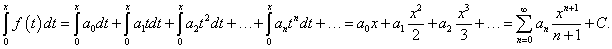 почленное интегрирование степенного ряда в пределах от 0 до x
