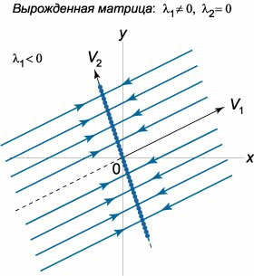 фазовый портрет в случае вырожденной матрицы, lambda1<0, lambda2=0